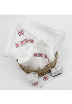 Trusou botez muselina, 8 piese, Flavi, cu model, alb