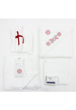 Trusou botez muselina, 8 piese, Rita, cu model, alb