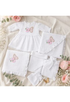 Trusou botez muselina, 9 piese, Butterfly si rochita de muselina, alb