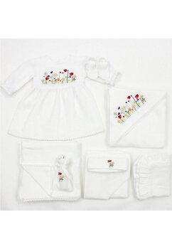 Trusou botez muselina, 9 piese, Carla si rochita de muselina, cu floricele