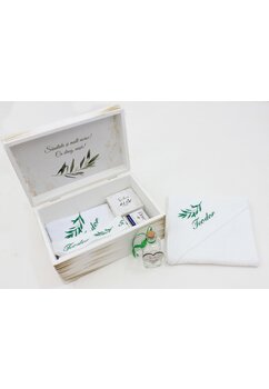 Trusou botez, muselina, cutie de amintiri personalizata, frunza de maslin