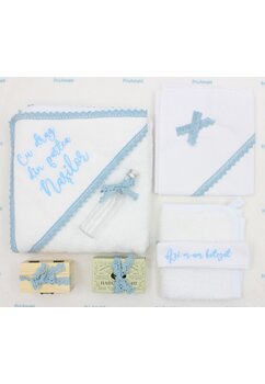 Trusou, Cu drag din partea nasilor, 7 piese, cu dantela albastra, bumbac, alb