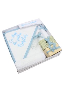 Trusou, Cu drag din partea nasilor, 7 piese, cu dantela albastra, bumbac, alb