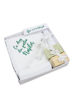 Trusou, Cu drag din partea nasilor, 7 piese, cu dantela, bumbac, alb cu verde