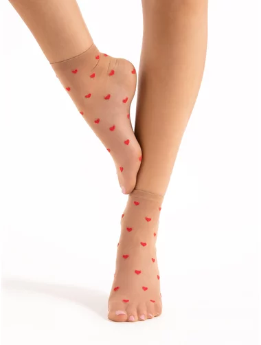 Nudefarbene Lycra-Socken mit roten Herzen Fiore Crush 20 den