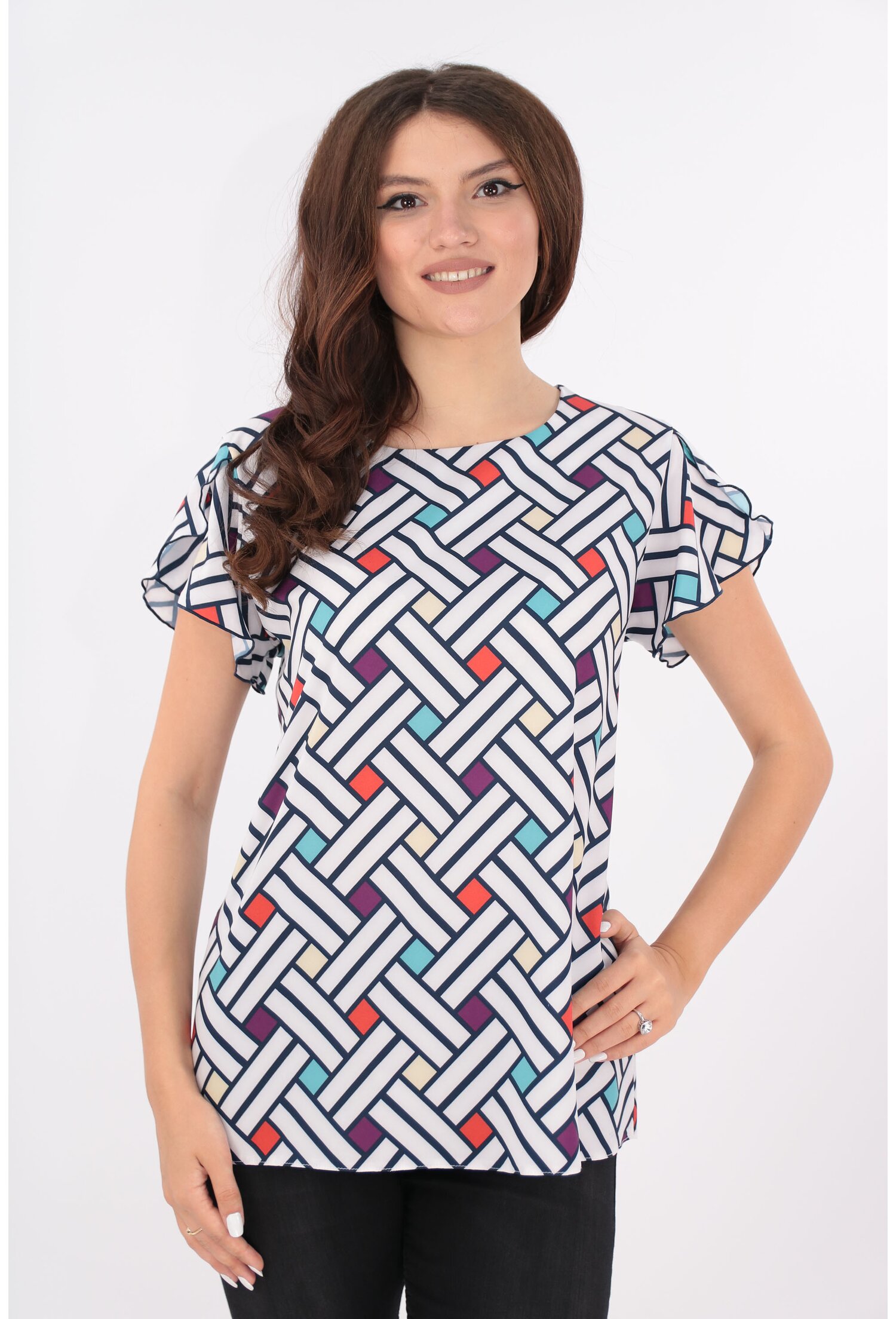 Bluza alba cu romburi multicolore