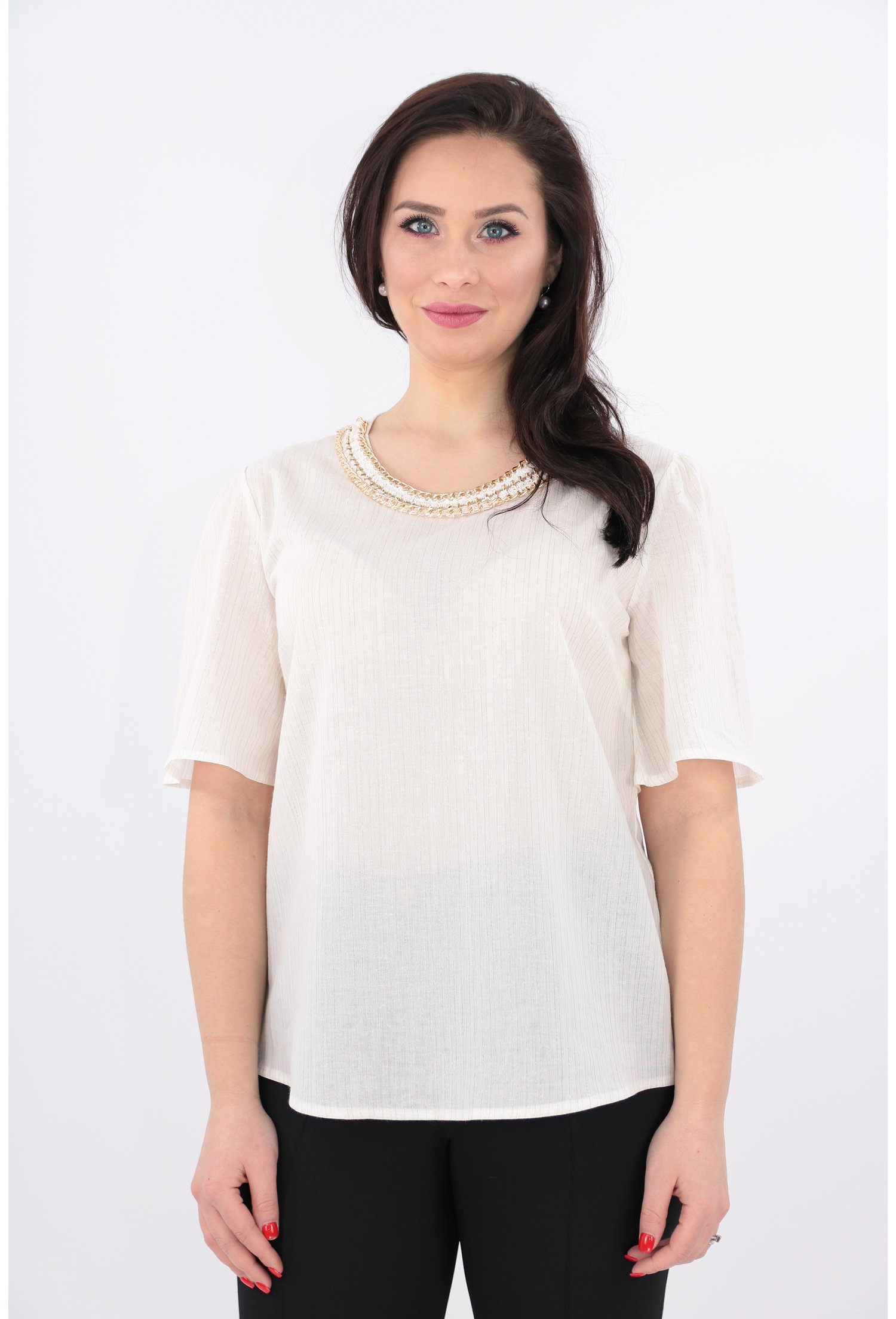 Bluza alba din bumbac cu fir lame auriu