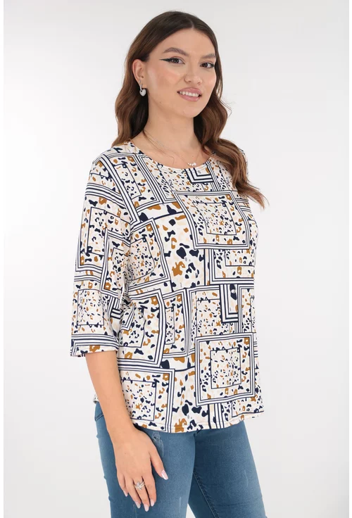 Bluza alba din bumbac cu print abstract bleumarin-bej