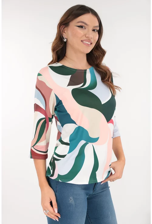 Bluza alba din bumbac cu print abstract verde-roz