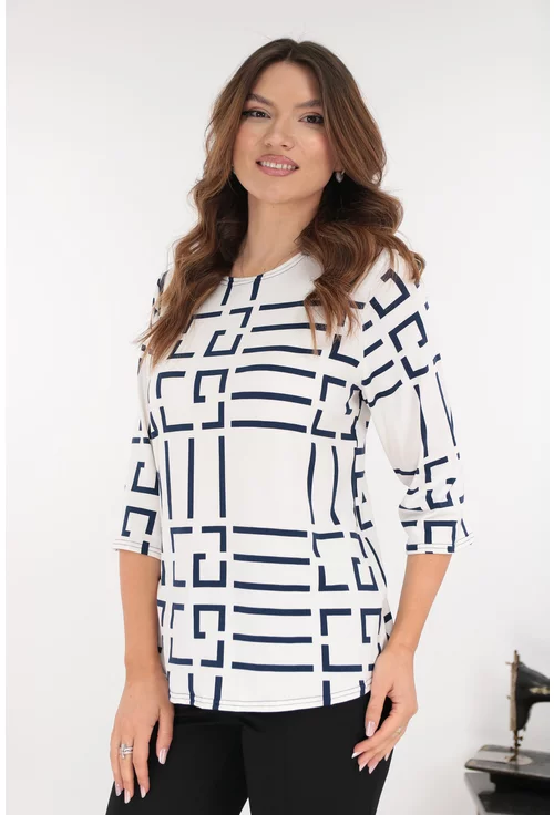 Bluza alba din bumbac cu print geometric bleumarin