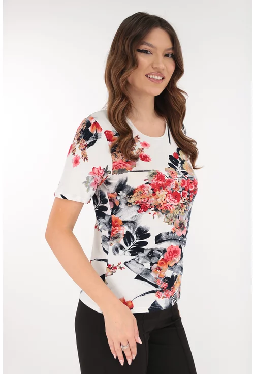 Bluza alba din vascoza cu desen floral rosu