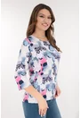 Bluza alba din vascoza cu imprimeu abstract roz-bleu