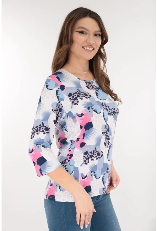 Bluza alba din vascoza cu imprimeu abstract roz-bleu
