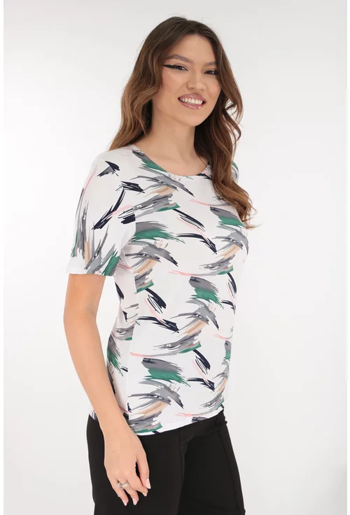 Bluza alba din vascoza cu print abstract verde-gri