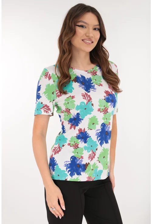 Bluza alba din vascoza cu print floral albastru-verde
