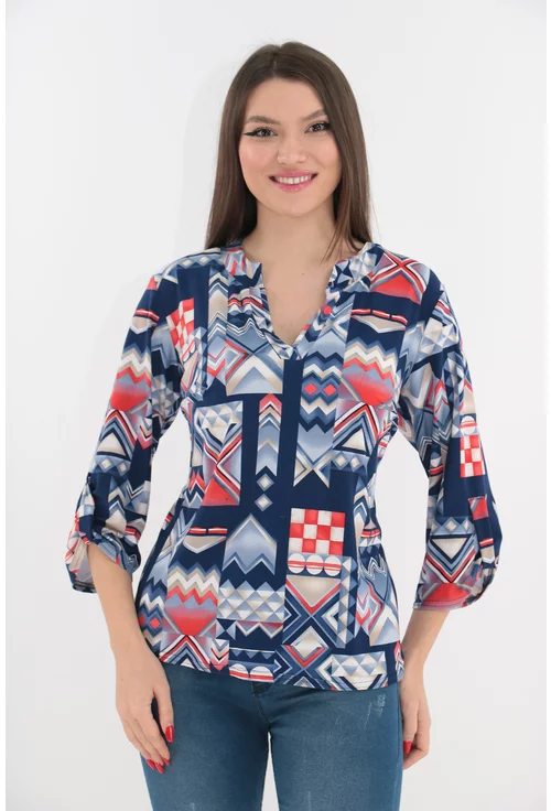 Bluza albastra cu imprimeu geometric rosu si guler tunica