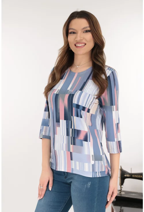 Bluza albastra din vascoza cu imprimeu geometric roz