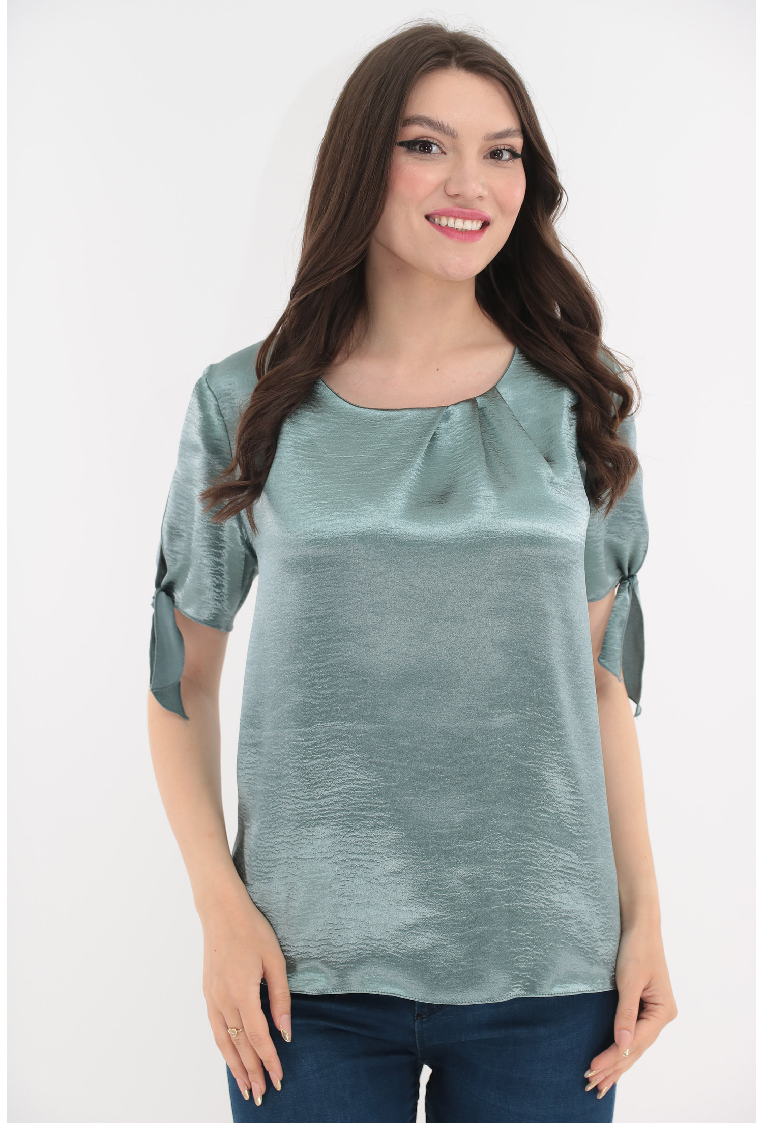 Poze Bluza aqua din satin cu fundite la maneci