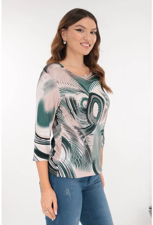 Bluza bej din vascoza cu imprimeu abstract verde