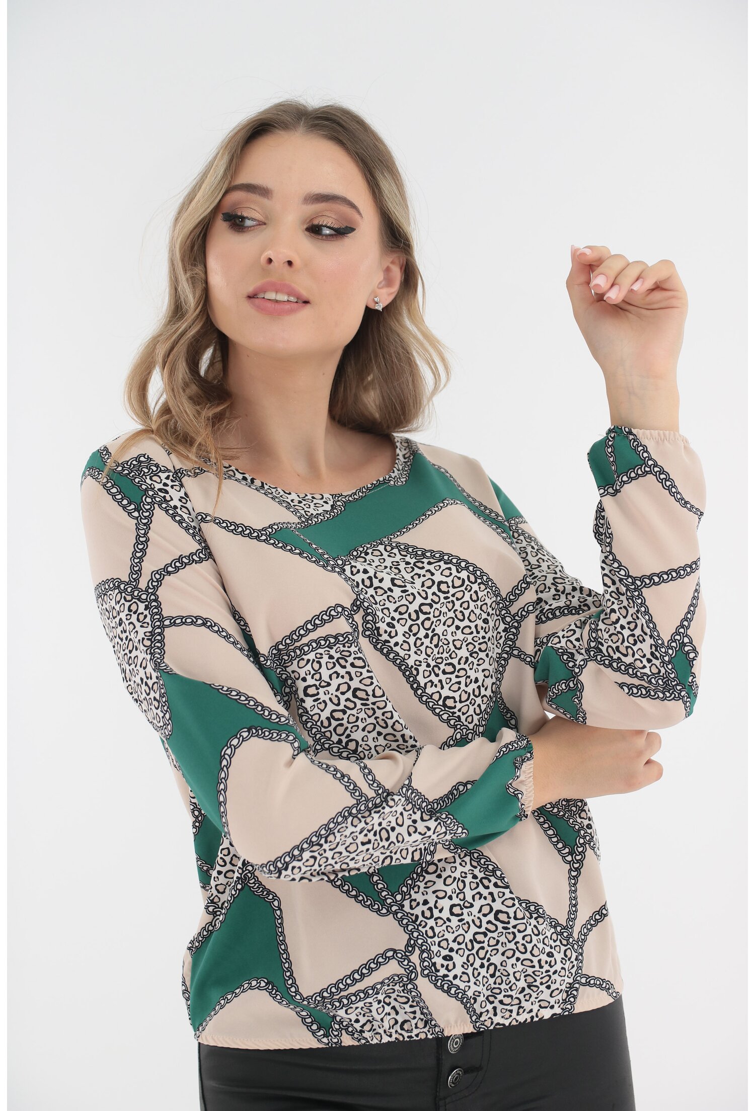 Bluza bej-verde cu imprimeu abstract