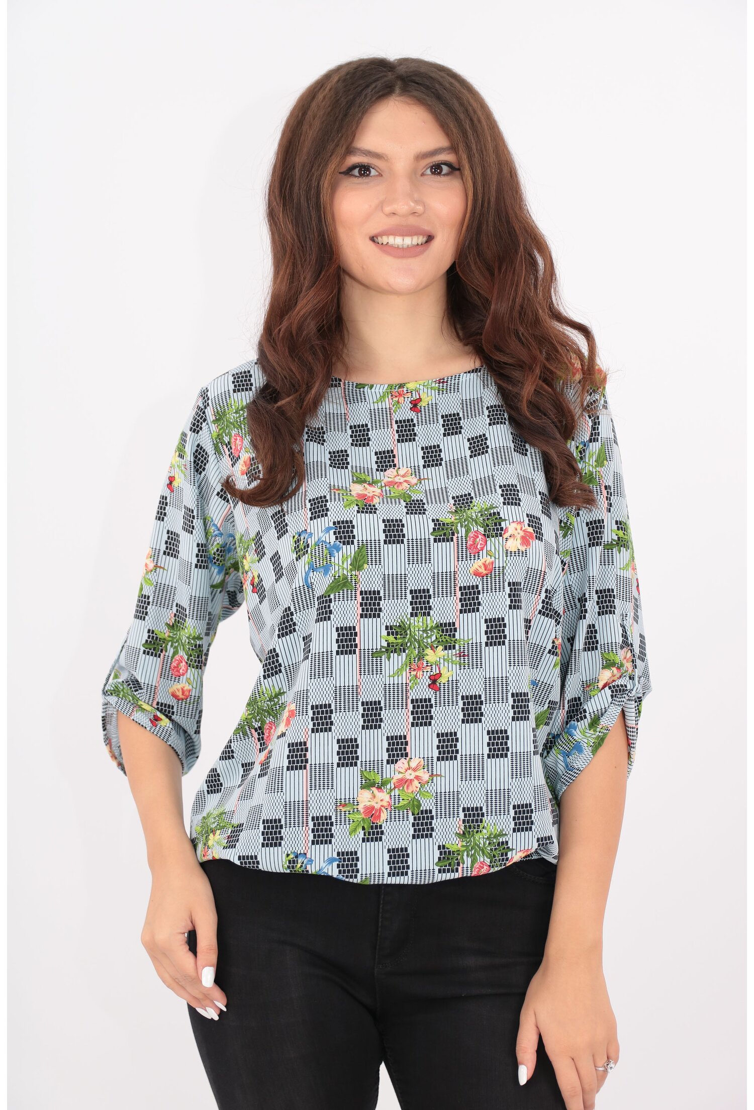 Bluza bleu cu print floral orange