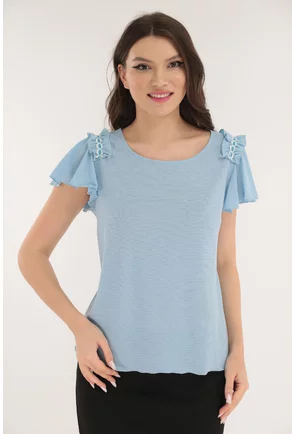 Bluza bleu cu volanase decorative pe umeri