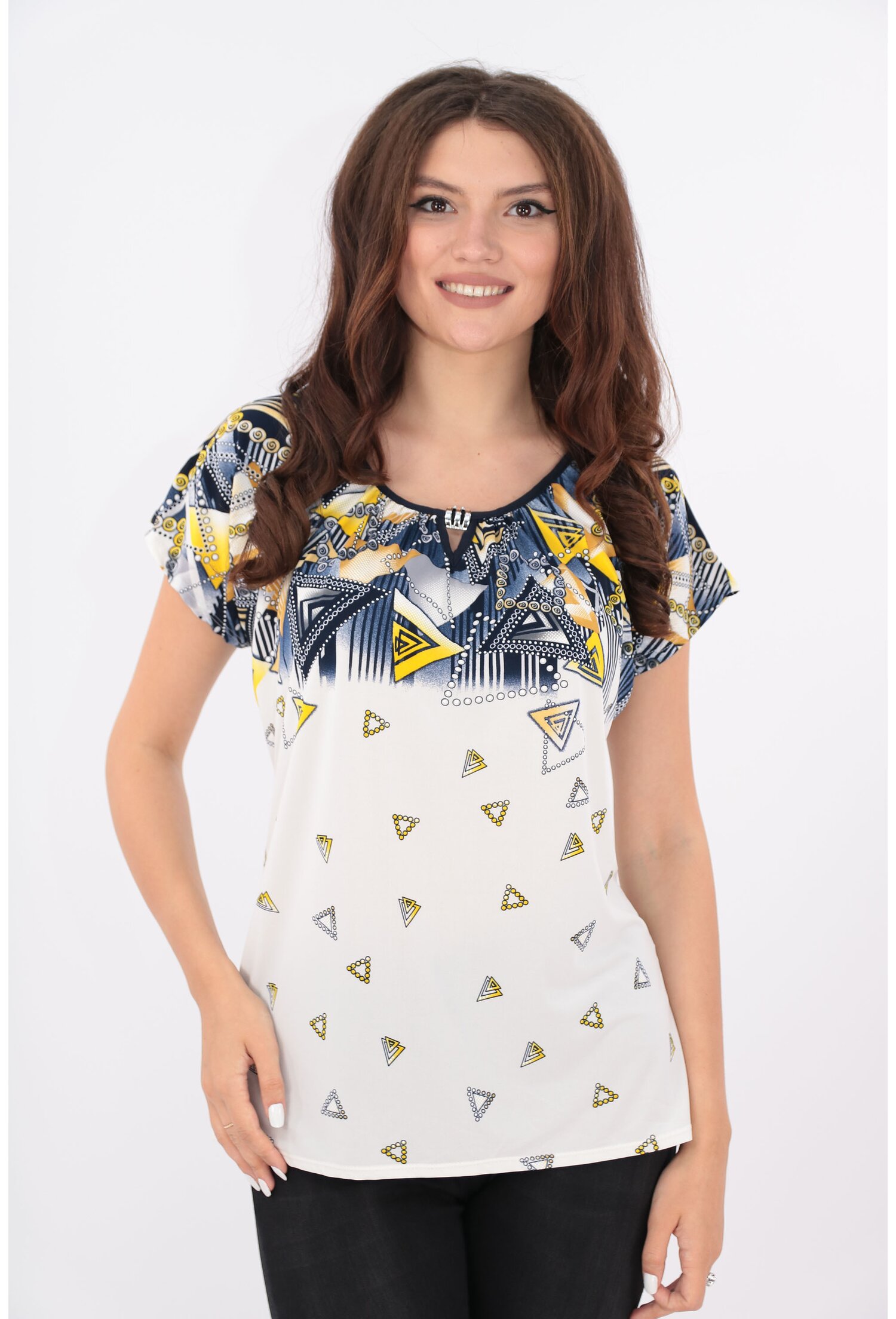 Bluza bleumarin-alb cu print abstract galben
