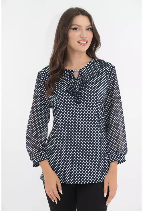 Bluza bleumarin buline albe si volanase la decolteu