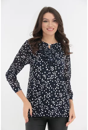 Bluza bleumarin cu buline albe texturate si volanase la decolteu