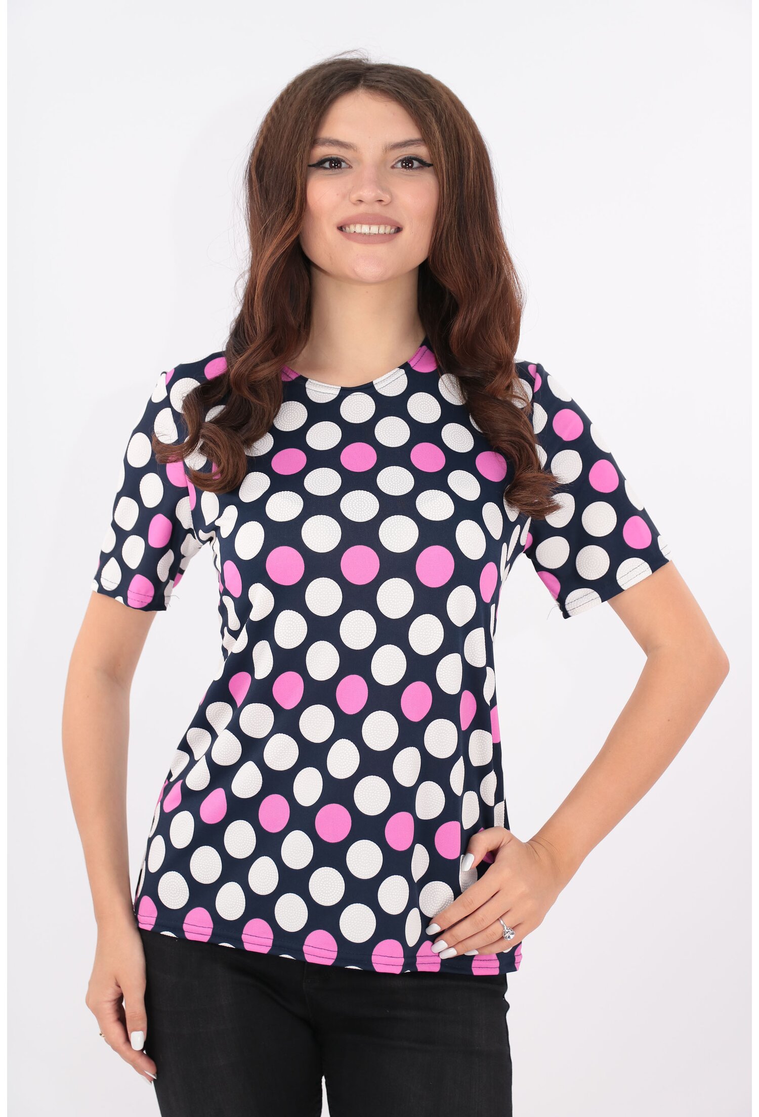 Bluza bleumarin cu buline fucsia-albe