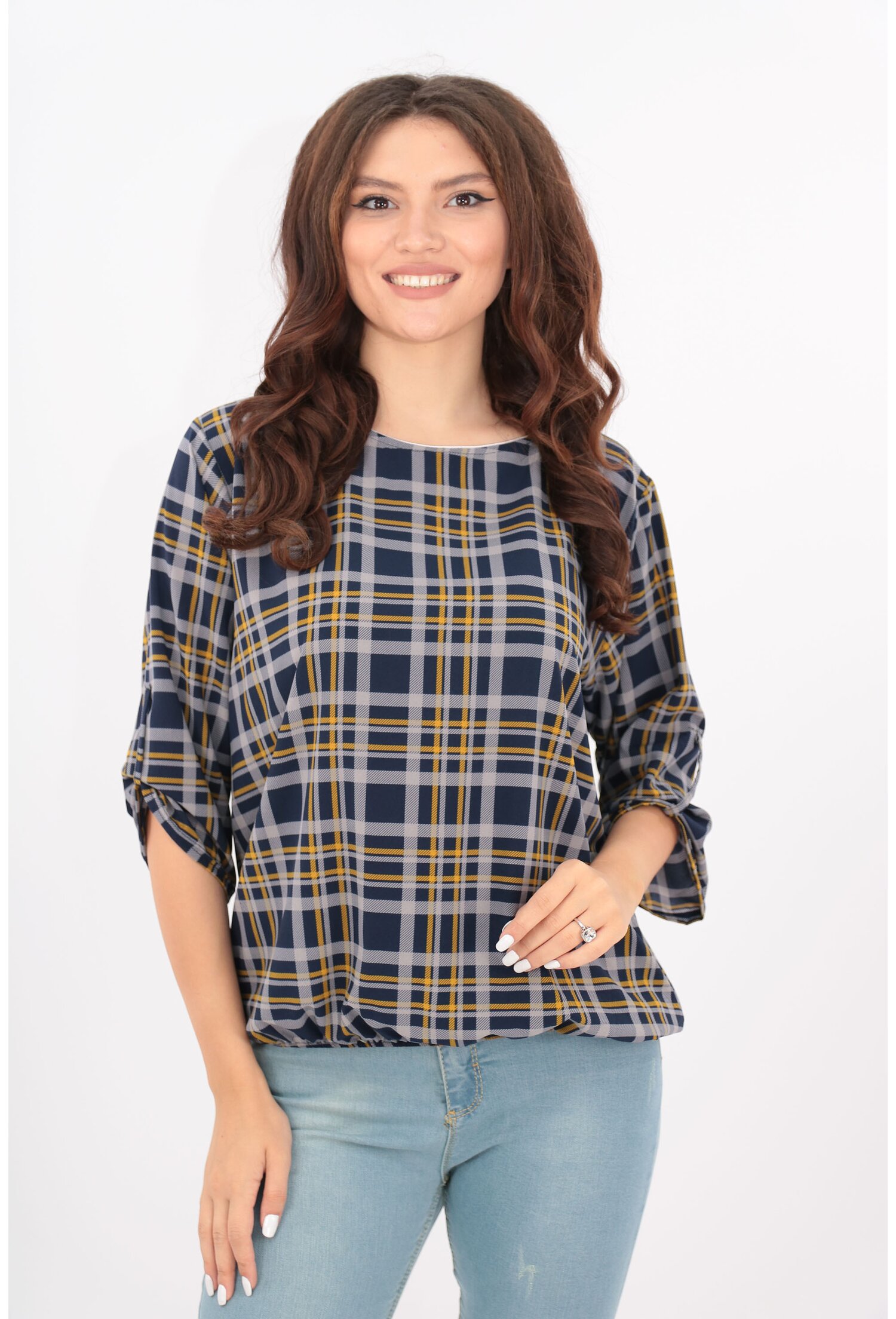 Bluza bleumarin cu carouri mustar