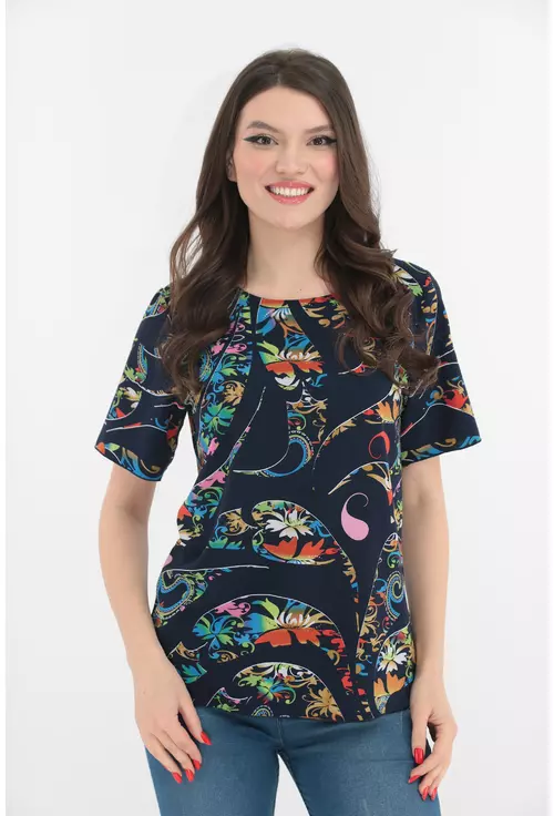 Bluza bleumarin cu desen abstract multicolor