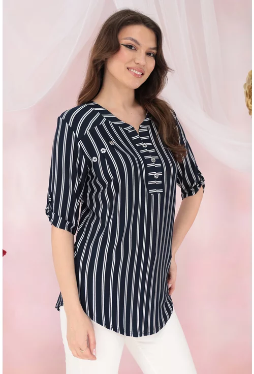 Bluza bleumarin cu dungi albe si guler tunica