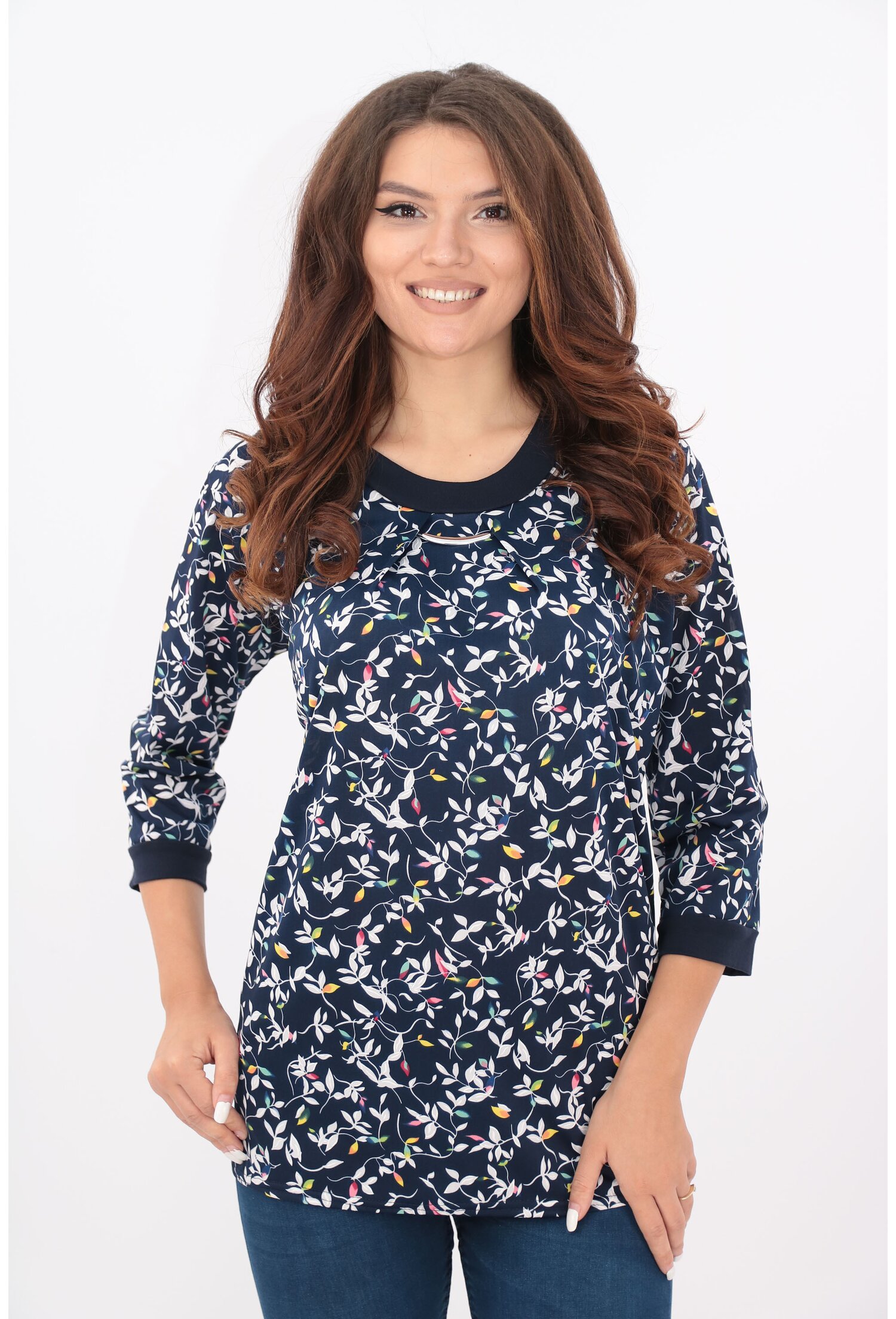 Bluza bleumarin cu frunze albe-orange