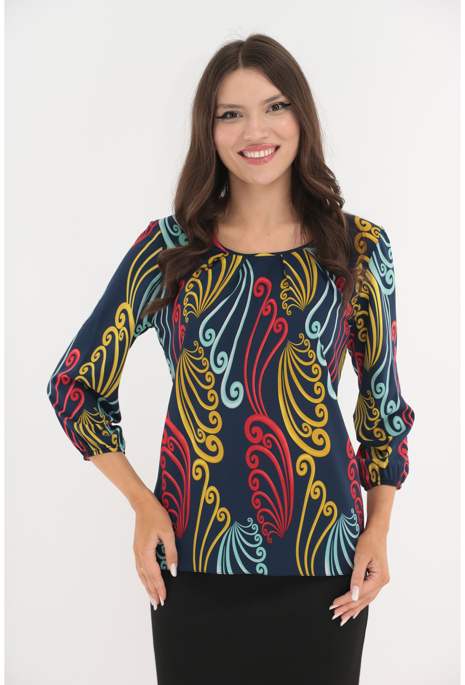 Bluza bleumarin cu imprimeu abstract mustar