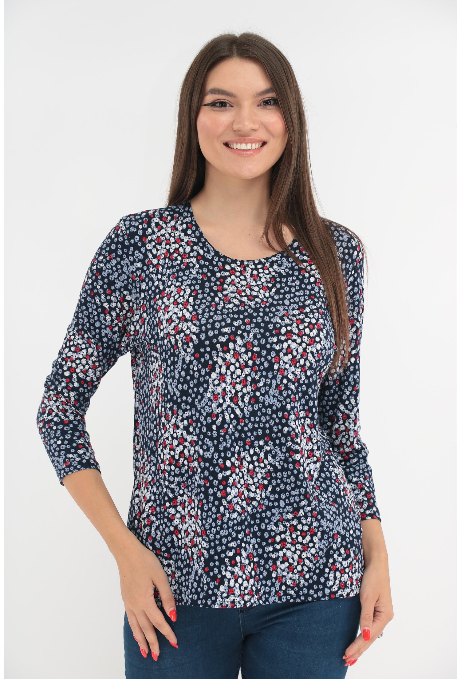 Bluza bleumarin cu imprimeu floral alb-rosu - Bluze casual