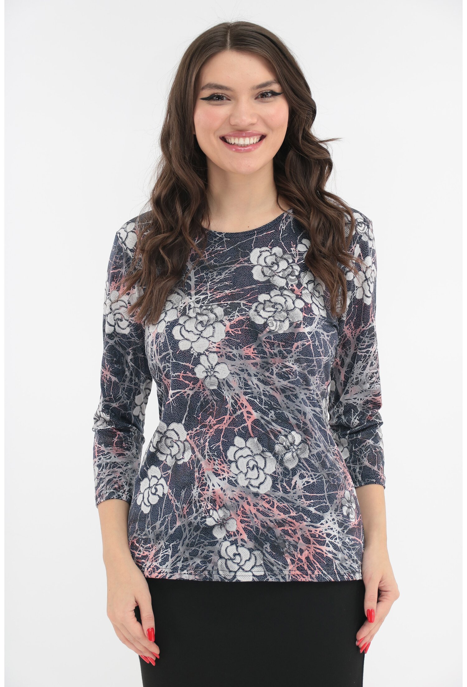 Bluza bleumarin cu imprimeu floral alb-roz