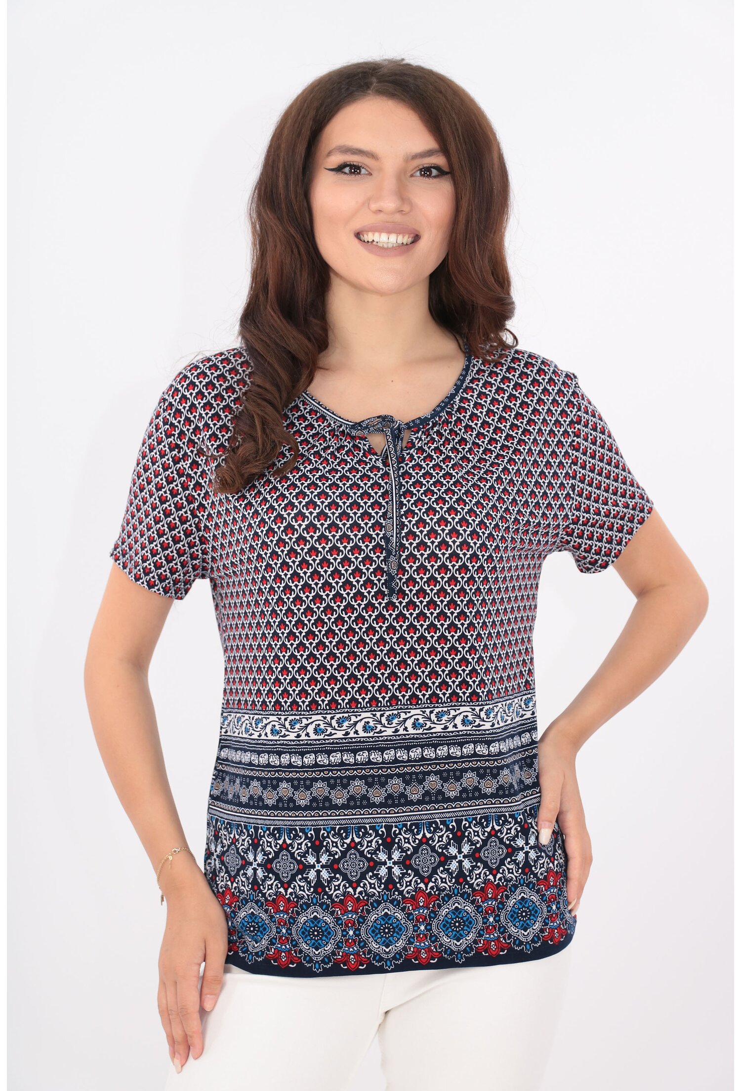 Bluza bleumarin cu print abstract rosu si bordura