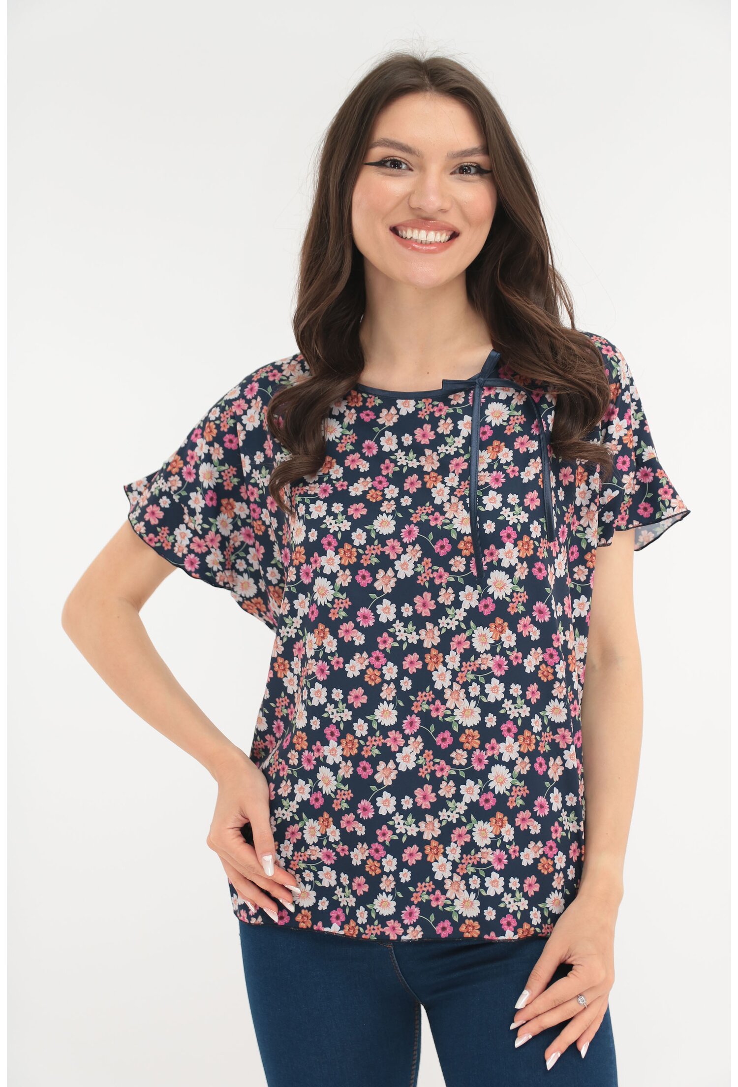 Bluza bleumarin cu print floral multicolor