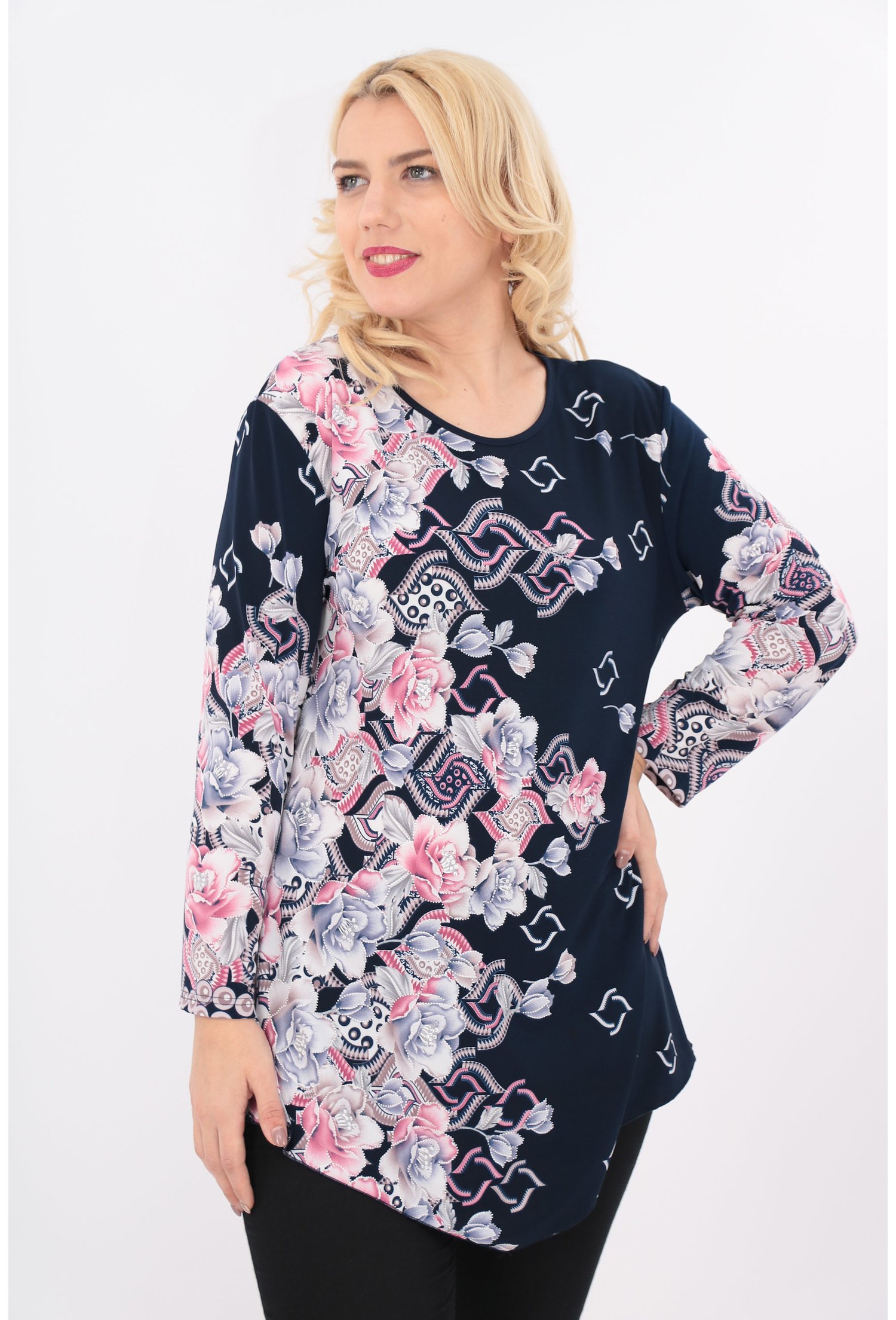 Bluza bleumarin cu print floral roz