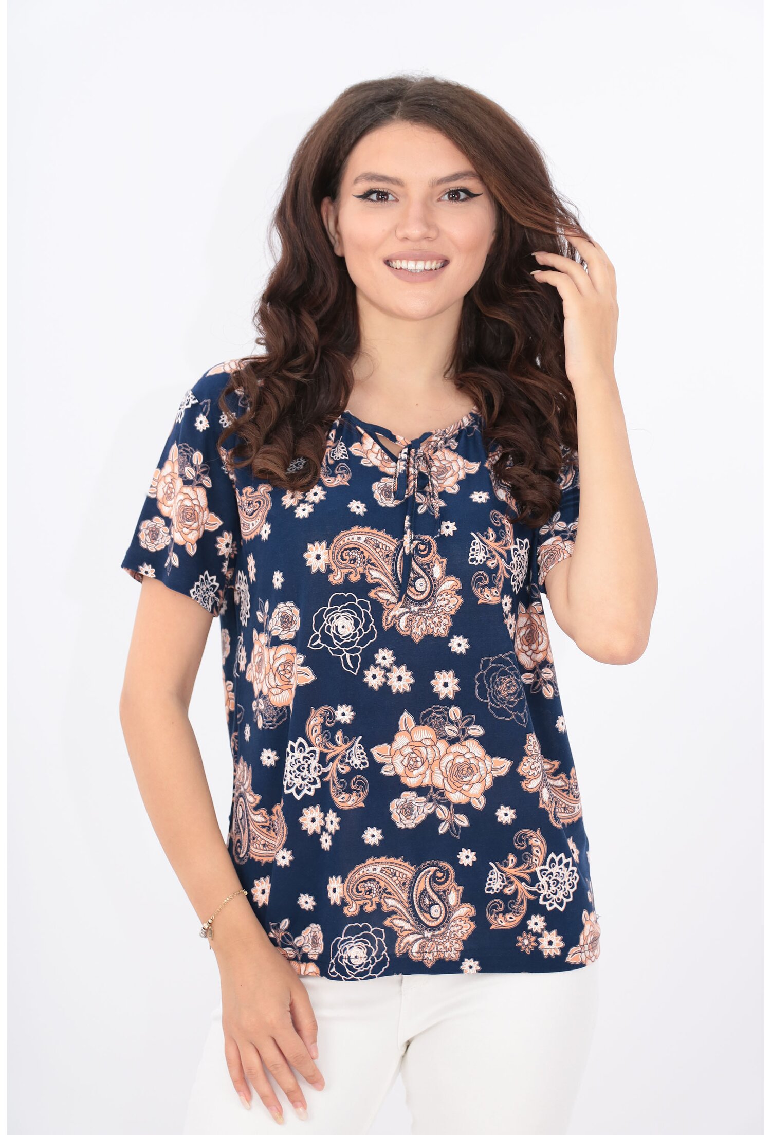 Bluza bleumarin cu print floral roz-piersica