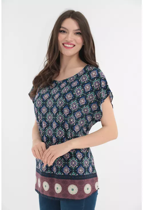 Bluza bleumarin cu print floral si bordura la tiv