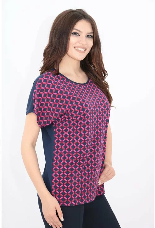 Bluza bleumarin cu print geometric fucsia
