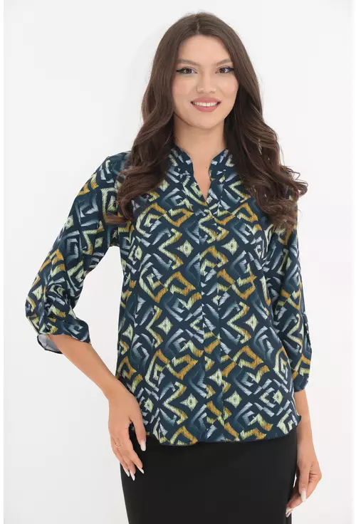 Bluza bleumarin cu print geometric mustar