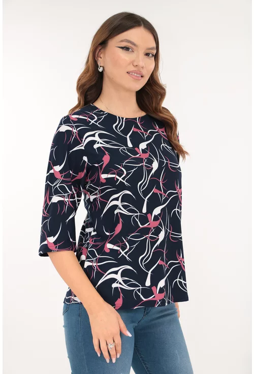 Bluza bleumarin din bumbac cu print abstract roz-alb