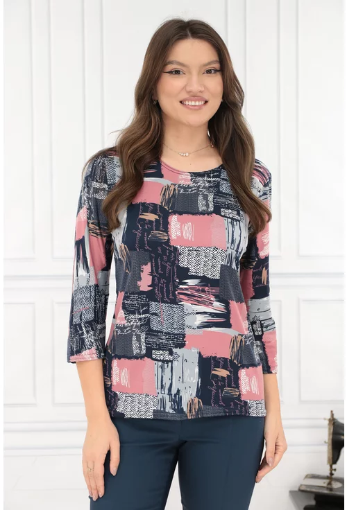 Bluza bleumarin din bumbac cu print abstract roz-bleu