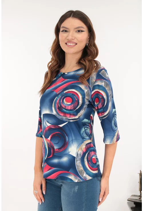 Bluza bleumarin din bumbac cu print geometric rosu-bej