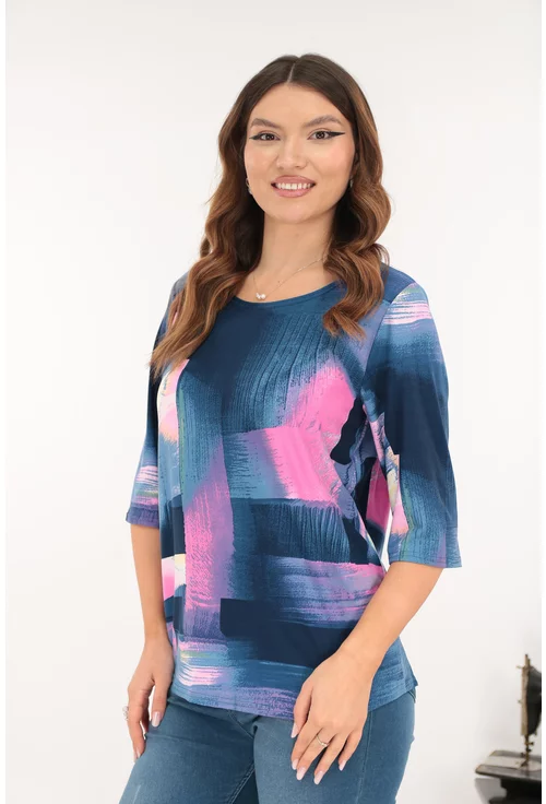 Bluza bleumarin din bumbac cu print geometric roz