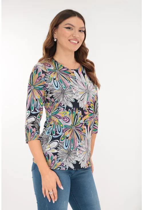 Bluza bleumarin din vascoza cu desen floral galben-mov