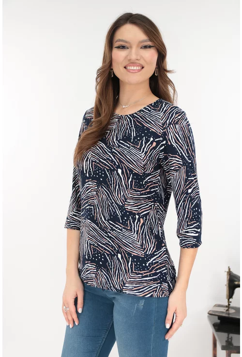 Bluza bleumarin din vascoza cu imprimeu abstract crem